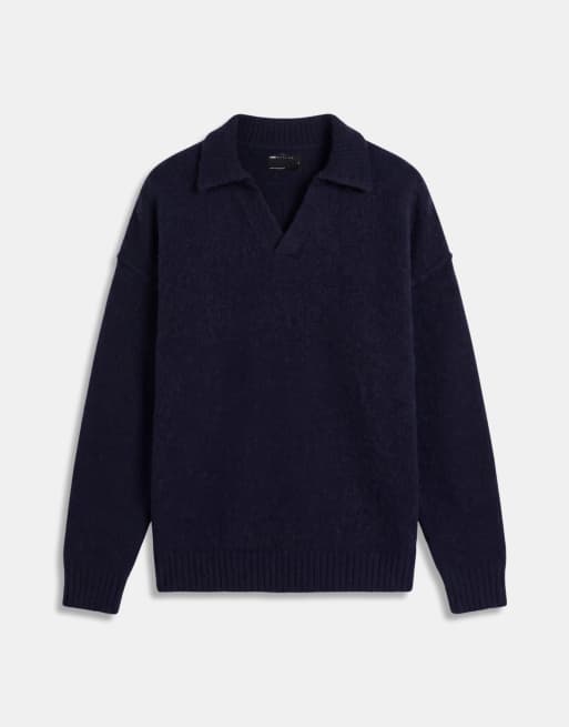 ASOS DESIGN pull en maille coupe décontractée à coutures apparentes et col fendu bleu marine clair, 6 de 9