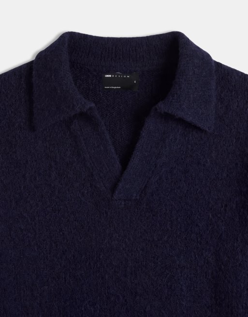 ASOS DESIGN pull en maille coupe décontractée à coutures apparentes et col fendu bleu marine clair, 8 de 9