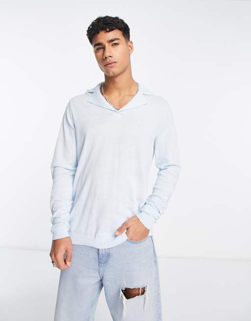 ASOS DESIGN - Pull en maille de coton avec col polo à revers - Bleu clair