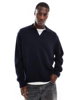ASOS DESIGN - Pull en maille de coton mélangé avec col ouvert - Bleu marine-Neutral