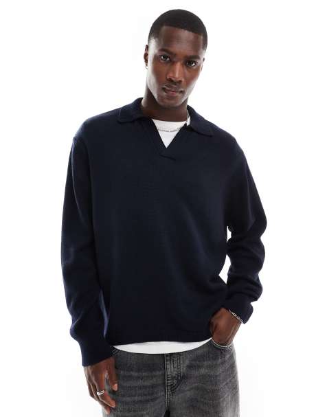 ASOS DESIGN - Pull en maille de coton mélangé avec col ouvert - Bleu marine - view 1