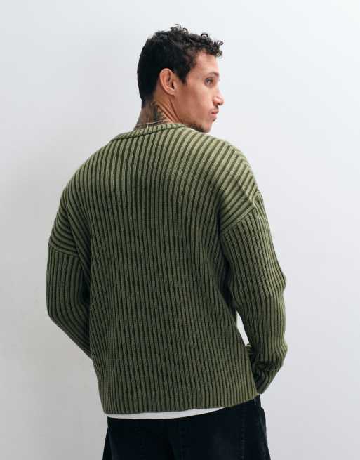 ASOS DESIGN pull en maille décontracté à col V profond en côte plaquée kaki, 4 de 5
