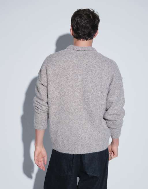 ASOS DESIGN pull en maille décontracté à coutures apparentes et col fendu taupe, 3 de 5
