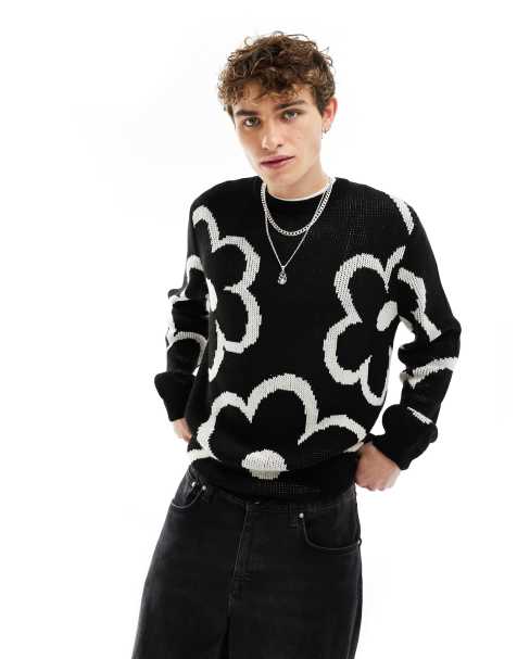 ASOS DESIGN - Pull en maille décontracté avec motif fleurs blanches - Noir - view 1