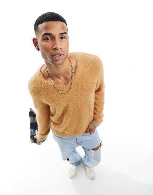 ASOS DESIGN - Pull en maille duveteuse à col en V et liseré - Fauve/vert