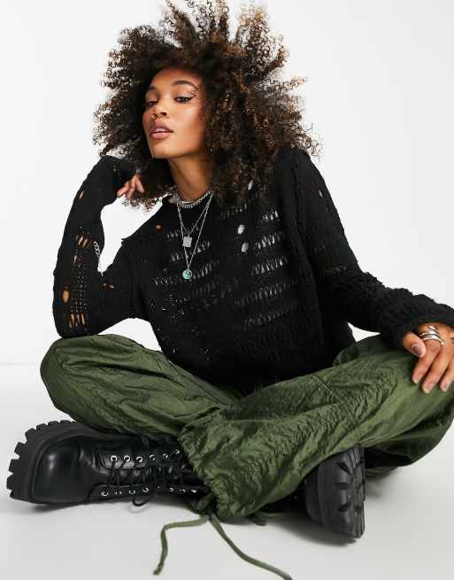 ASOS DESIGN - Pull en maille duveteuse avec coutures effet vieilli - Noir