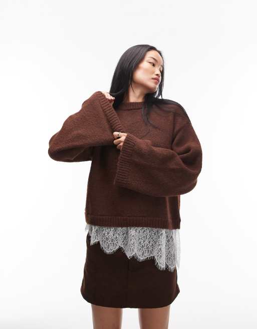 ASOS DESIGN - Pull en maille duveteuse avec manches amples et ourlet en dentelle - Marron, 2 de 4