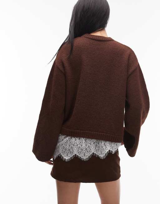 ASOS DESIGN - Pull en maille duveteuse avec manches amples et ourlet en dentelle - Marron, 4 de 4