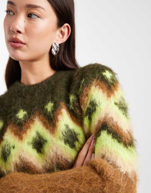 ASOS DESIGN - Pull en maille fairisle brossée à épaules structurées - Vert, 3 de 4