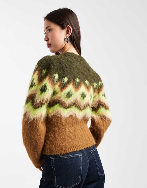 ASOS DESIGN - Pull en maille fairisle brossée à épaules structurées - Vert, 4 de 4