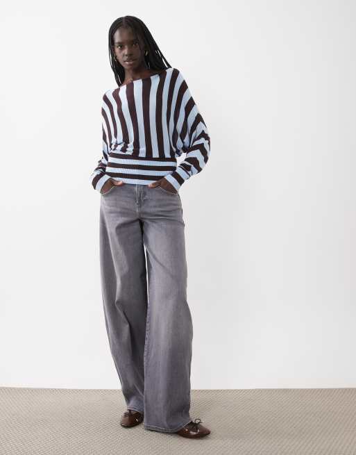 ASOS DESIGN pull en maille fine à épaules nues, cintré à la taille, rayé chocolat et bleu, 2 de 4