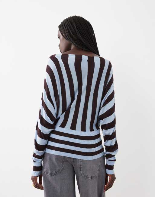 ASOS DESIGN pull en maille fine à épaules nues, cintré à la taille, rayé chocolat et bleu, 3 de 4