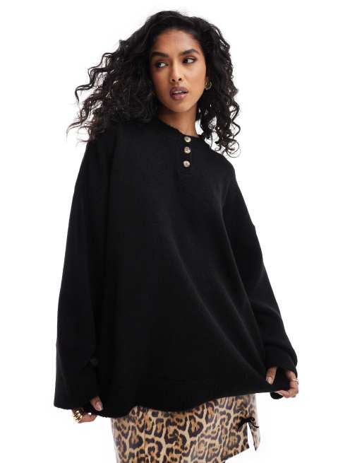 ASOS DESIGN - Pull en maille oversize à col tunisien et patte de boutonnage contrastée - Noir