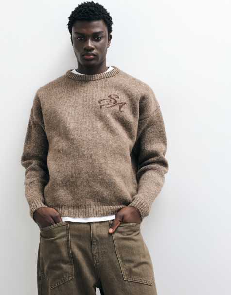 ASOS DESIGN pull en maille oversize brodé en brun chiné - view 1