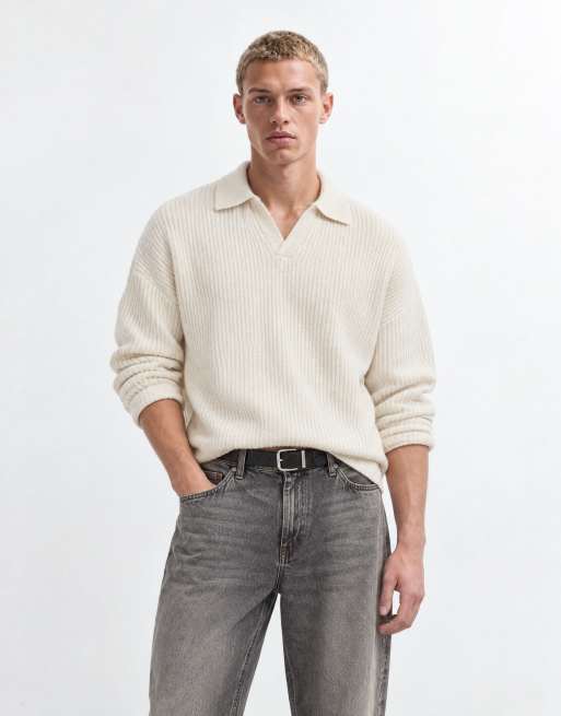 ASOS DESIGN pull en maille oversize en mélange de laine côtelé à col fendu couleur avoine, 7 de 9