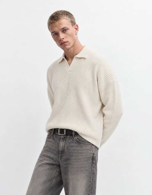 ASOS DESIGN pull en maille oversize en mélange de laine côtelé à col fendu couleur avoine, 8 de 9