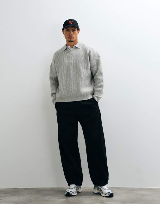 ASOS DESIGN pull en maille oversize en mélange de laine côtelé à col fendu gris chiné, 2 de 5