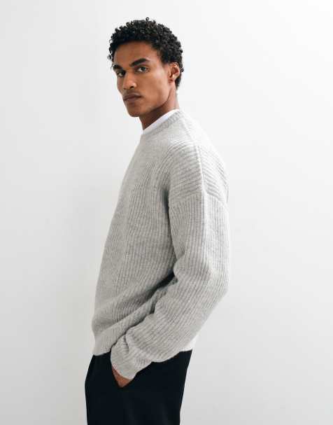 ASOS DESIGN pull en maille oversize en mélange de laine côtelé gris chiné - view 1