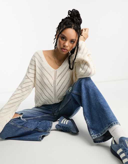 ASOS DESIGN - Pull en maille pointelle ajourée à col en V - Crème