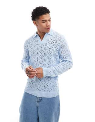 Pull chic bleu à une épaule rayé ajouré en maille de coton uni automne main image 1