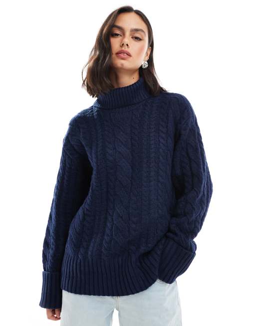 ASOS DESIGN - Pull en maille torsadée à col montant - Bleu marine, 4 de 4