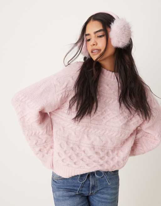ASOS DESIGN - Pull en maille torsadée à poignets larges et détails effet 3D - Rose pastel, 2 de 4