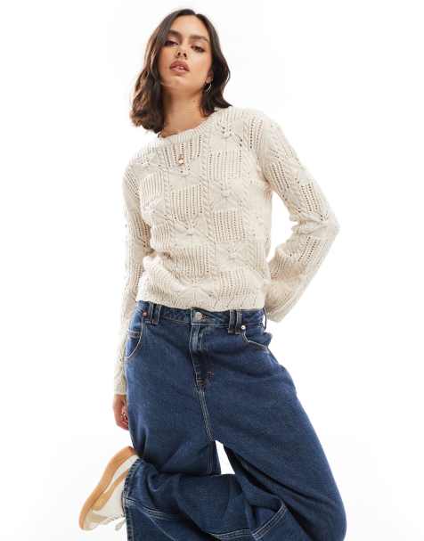 ASOS DESIGN - Pull en maille torsadée avec manches ange - Écru - view 1