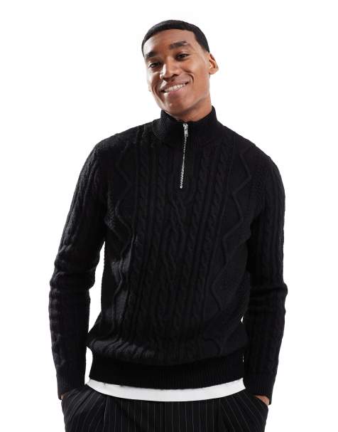 ASOS DESIGN - Pull en maille torsadée épaisse à col zippé - Noir - view 1
