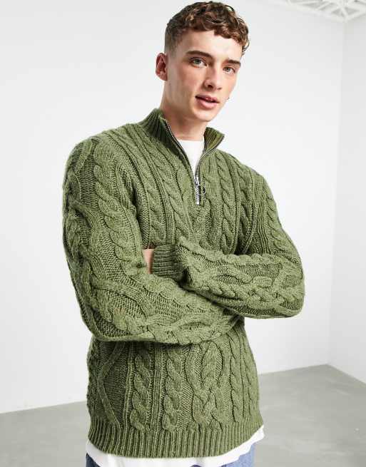 ASOS DESIGN - Pull épais en maille torsadée à demi-patte zippée - Kaki