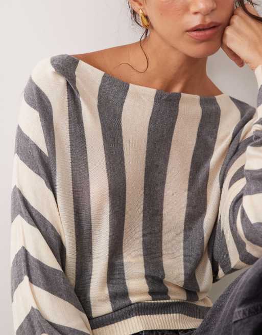 ASOS DESIGN pull fin en maille épaules dénudées cintré à la taille à rayures grises et crème, 4 de 4