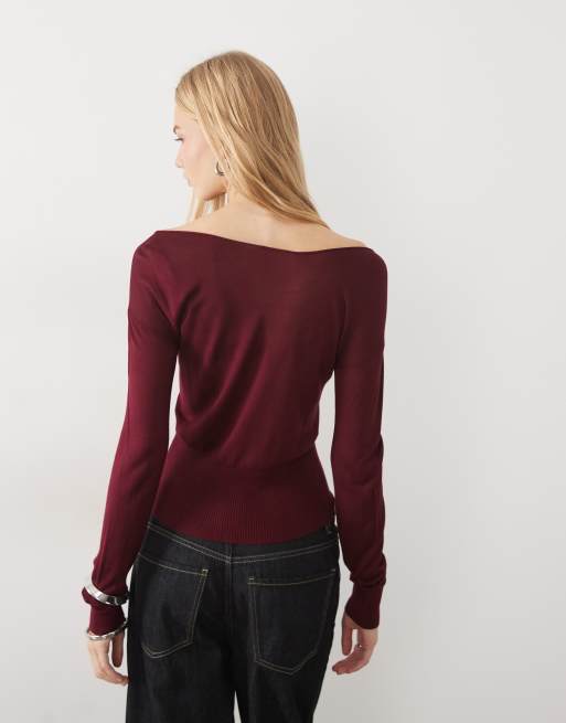 ASOS DESIGN pull fin en maille épaules dénudées cintré à la taille prune, 4 de 4