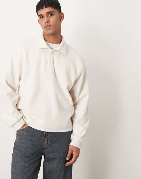 ASOS DESIGN - Pull léger coupe carrée oversize à col cheminée Henley en tissu brossé - Écru - view 1