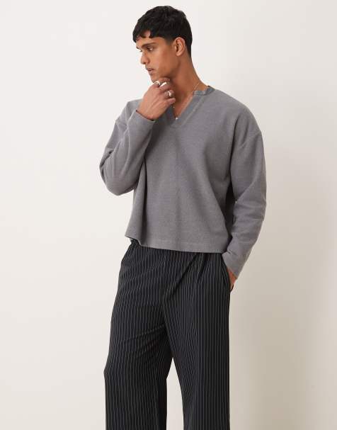 ASOS DESIGN - Pull léger coupe carrée oversize en maille côtelée brossée avec col V - Gris chiné - view 1