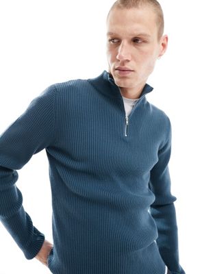 ASOS DESIGN muscle fit knitted essential 1/2 zip jumper in blue - ASOS Price Checker