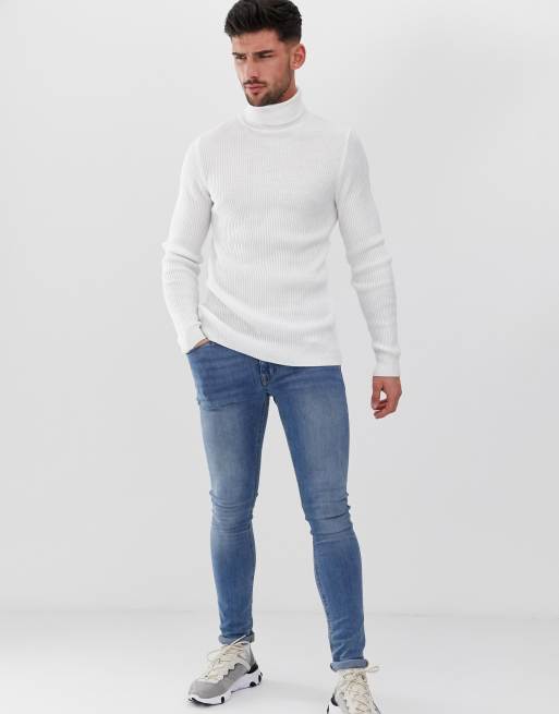 Asos Design Pull Moulant Col Roule Cotele Blanc Asos