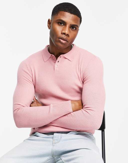 ASOS DESIGN - Pull moulant côtelé en maille avec col polo - Rose
