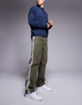 [ASOS DESIGN] ASOS DESIGN pull on baggy pants with stripe detail in green cord S KHAKI