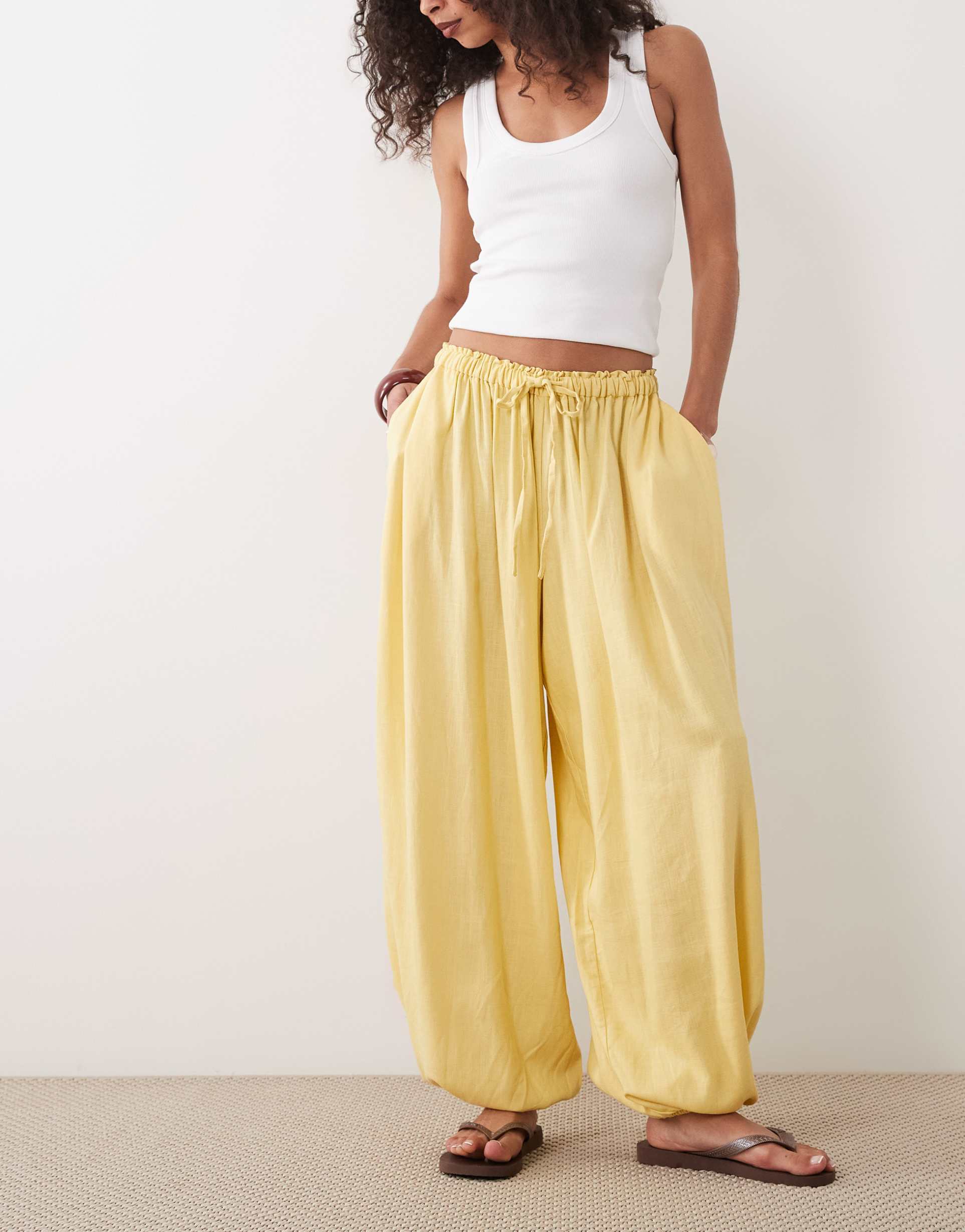 asos design pull on balloon pants in linen mix in buttermilk