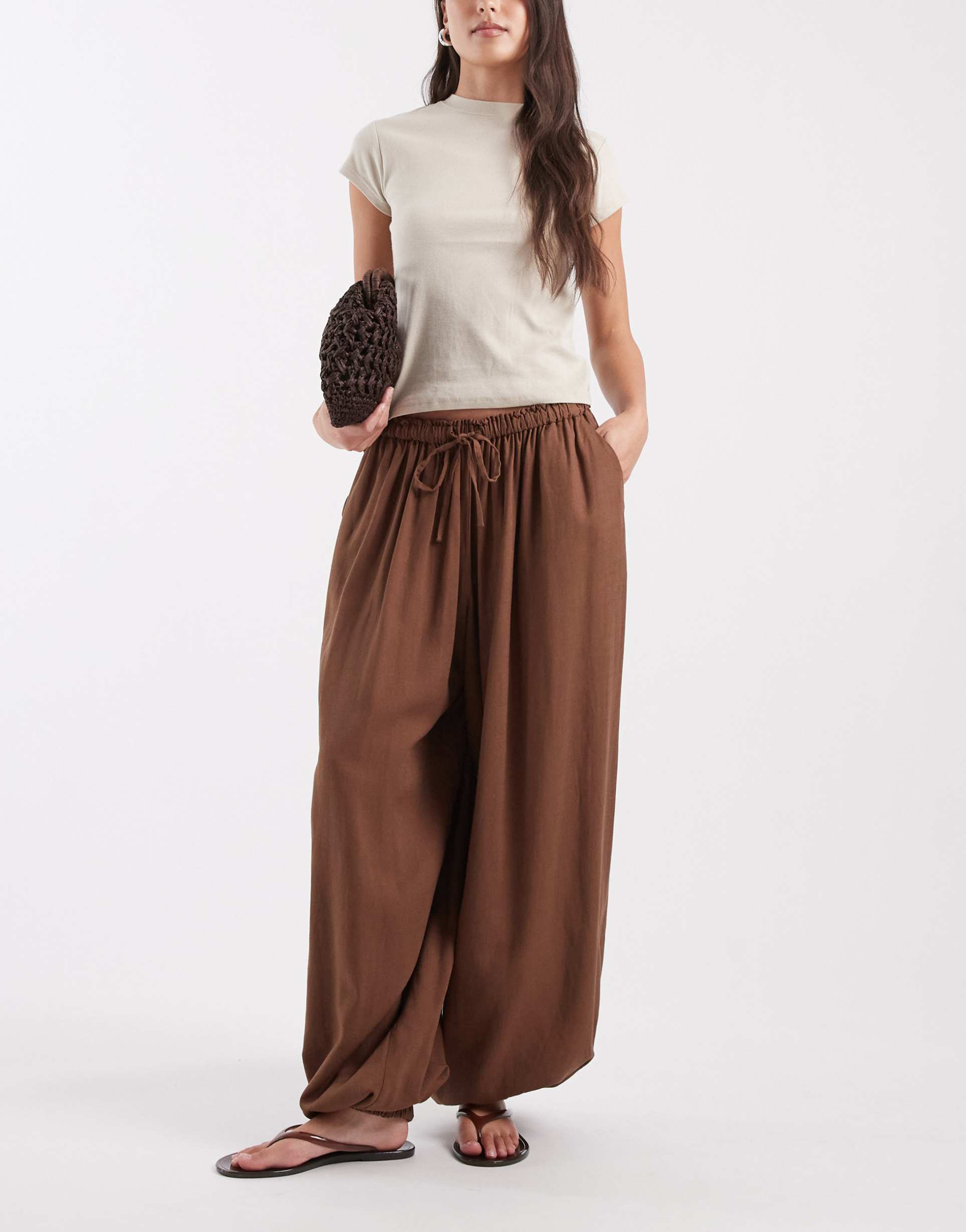 asos design pull on balloon pants in linen mix in chocolate