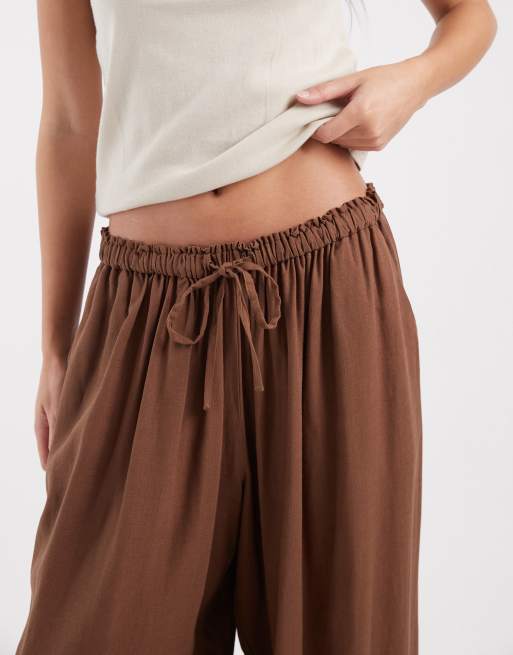 ASOS DESIGN pull on balloon pants in linen mix in chocolate, 4 of 5