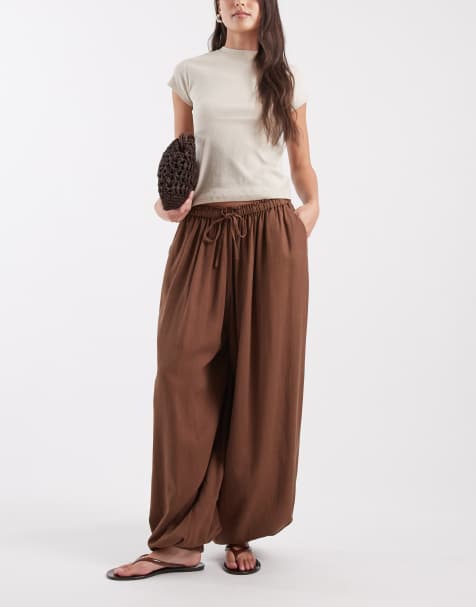 ASOS DESIGN pull on balloon trousers in linen mix in chocolate - view 1