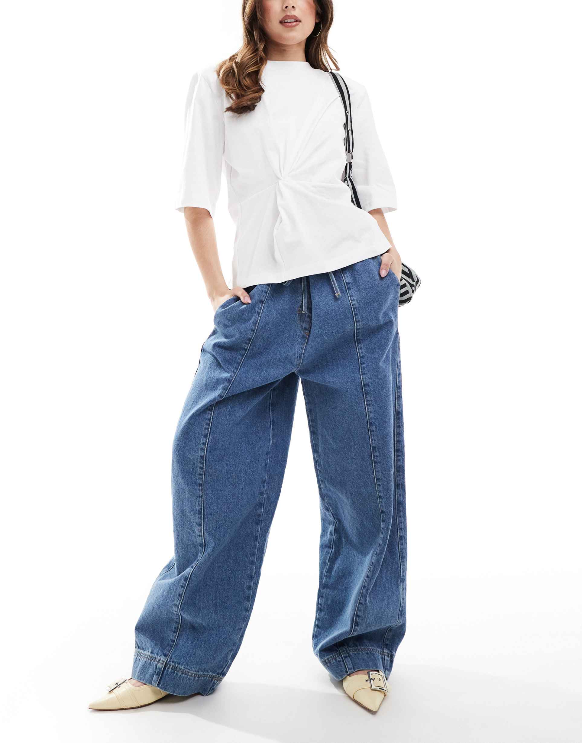 asos design pull on barrel jeans with tie waist in mid blue