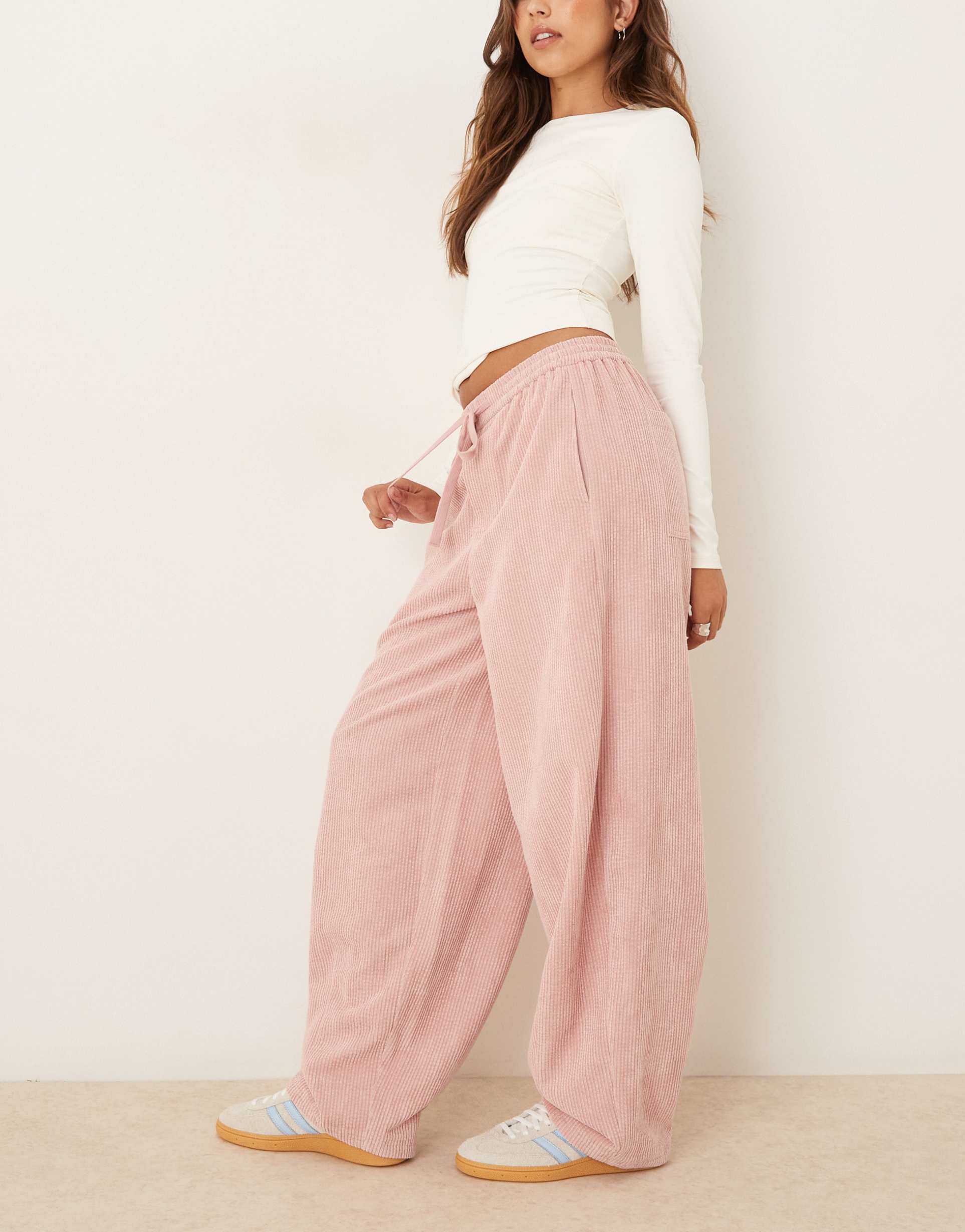 asos design pull-on barrel leg corduroy pants in baby pink
