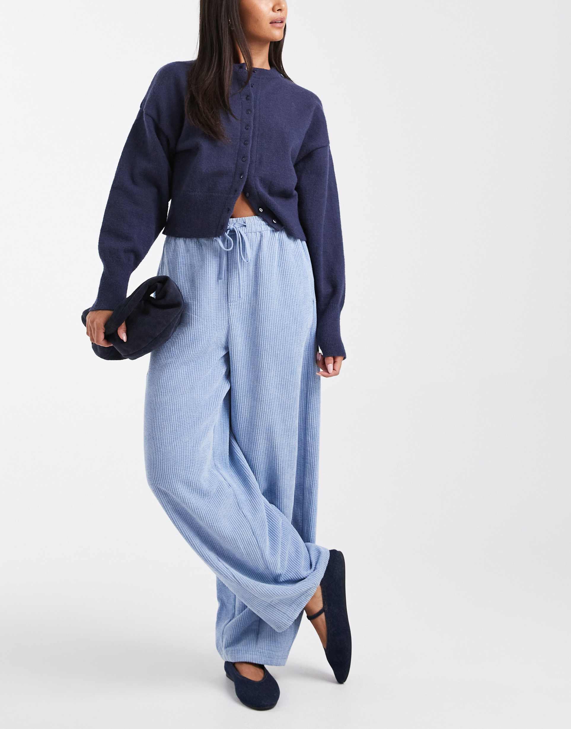 asos design pull-on barrel leg corduroy pants in blue