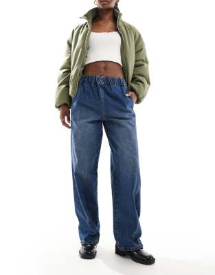 pull on barrel leg jeans in clean mid blue