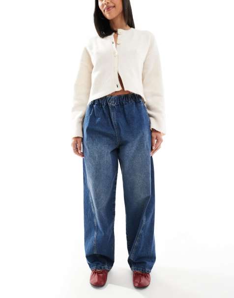 ASOS DESIGN pull on barrel leg jeans in clean mid blue - view 1