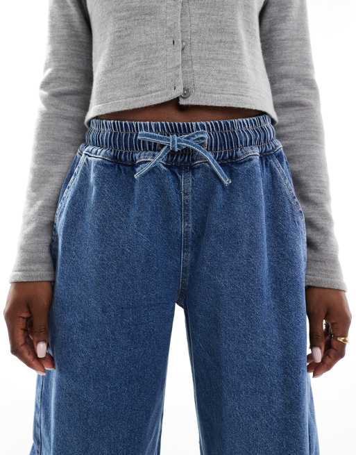 ASOS DESIGN pull on barrel leg jeans with tie waist in light mid