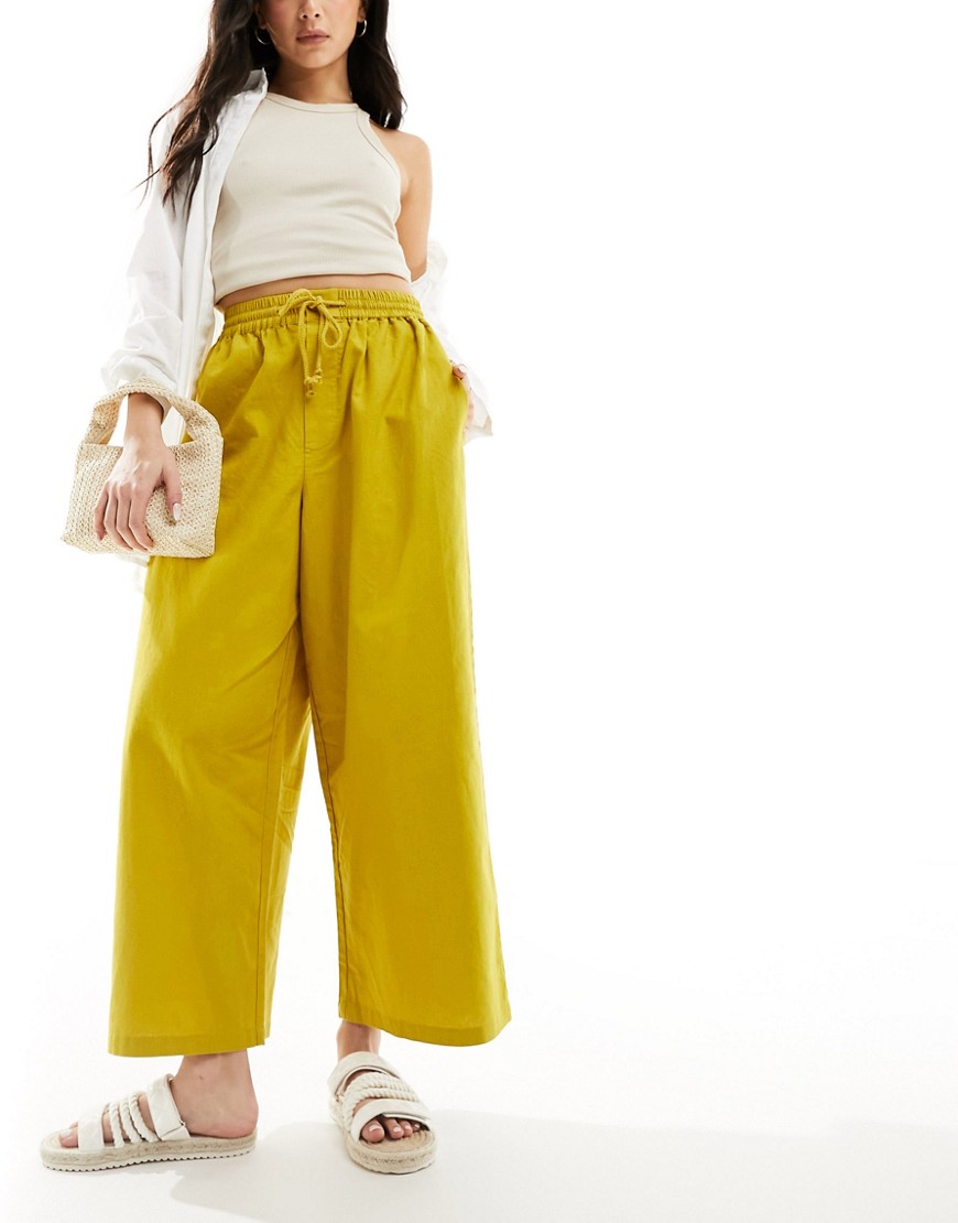 ASOS DESIGN pull on barrel leg trouser with linen in chartreuse-Yellow