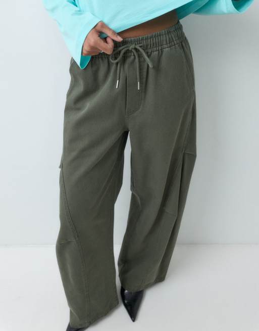 ASOS DESIGN pull on barrel pant with panelling in washed khaki, 3 of 5