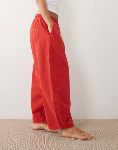 ASOS DESIGN pull on bukser med bindebånd i taljen og barrel-ben i vasket rød - view 1